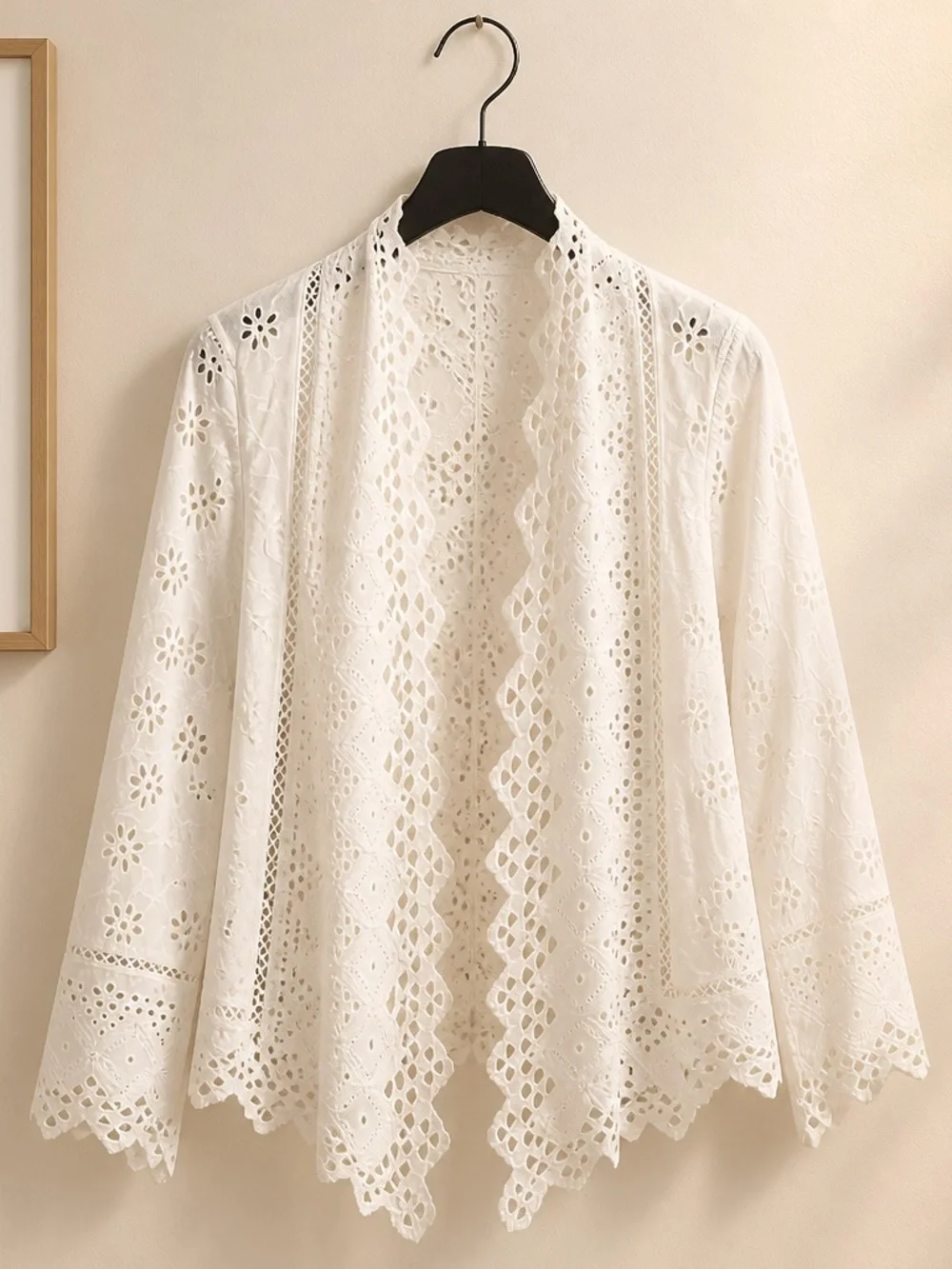 Lauren Ralph Lauren White Lace Eyelet Embroidered Open-Front Jacket Size PM